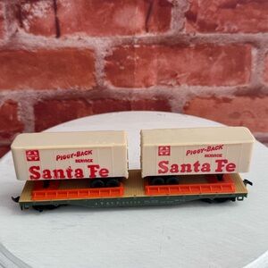 Vintage Tyco HO ATSF Santa Fe Flat Car Trains  #90806 w/ 2 Piggyback Trailers